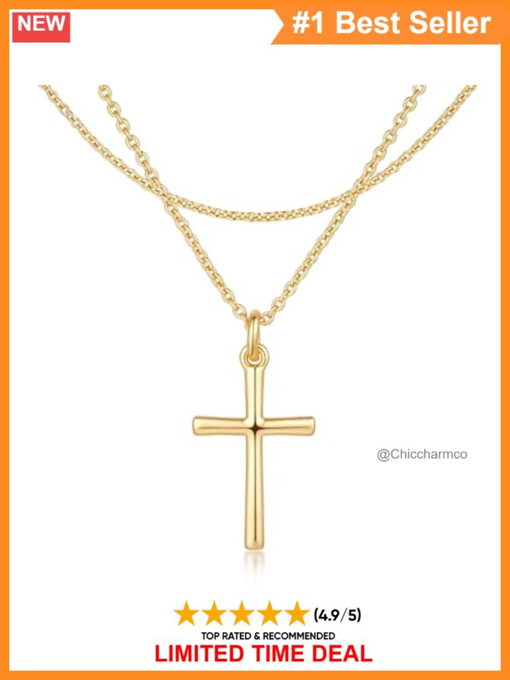 14k Gold Plated Cross Necklace, Adjustable Chain, Pendant